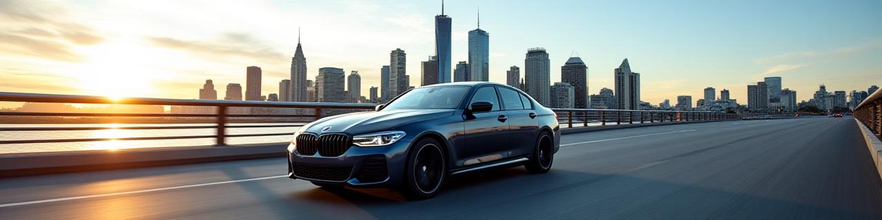 A sleek rental car on Melbourne's Princes Bridge with the CBD skyline behind